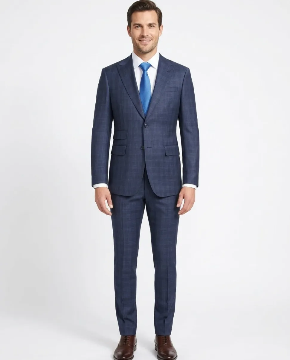 English Laundry Navy Plaid With Grey Windowpane Slim Fit Peak Lapel Wool Suit