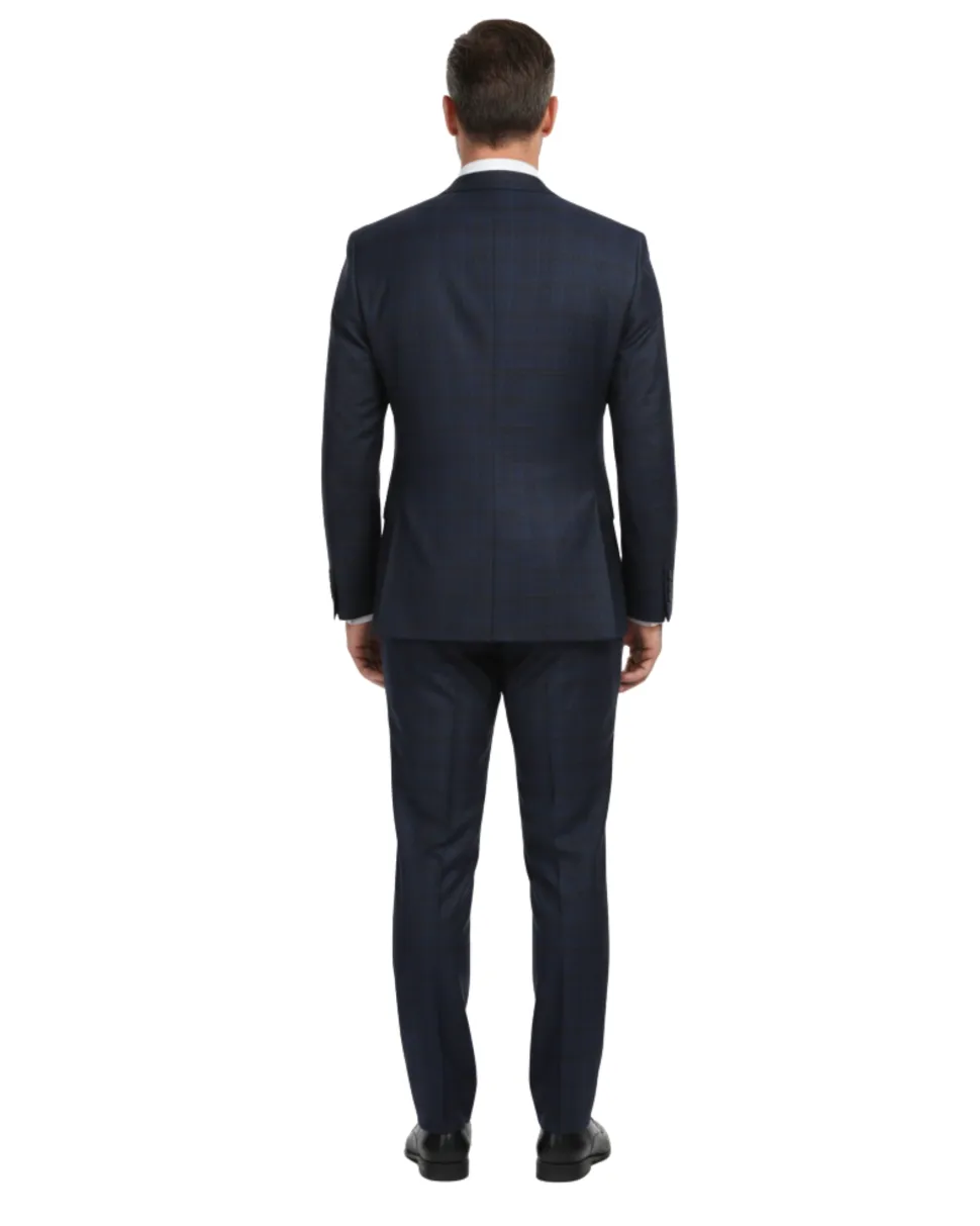 English Laundry Navy Plaid With Rust Windowpane Slim Fit Notch Lapel Wool Suit