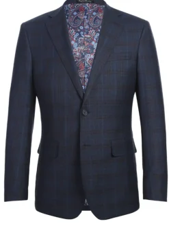 English Laundry Navy Plaid With Rust Windowpane Slim Fit Notch Lapel Wool Suit