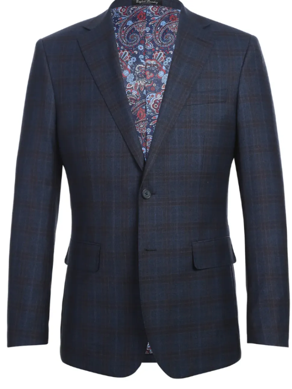 English Laundry Navy Plaid With Rust Windowpane Slim Fit Notch Lapel Wool Suit