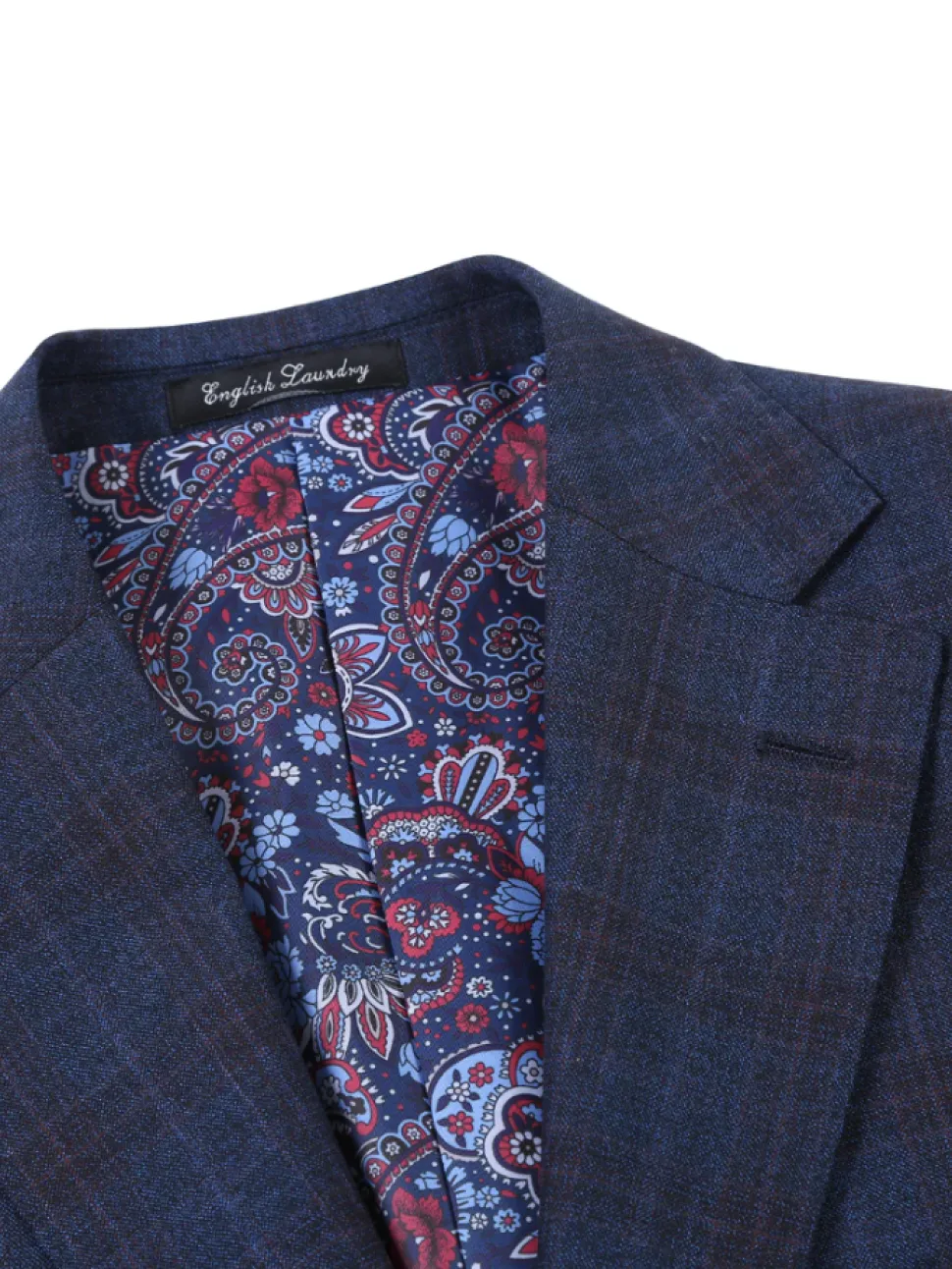 English Laundry Navy Plaid With Rust Windowpane Slim Fit Notch Lapel Wool Suit