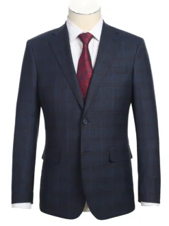 English Laundry Navy Plaid With Rust Windowpane Slim Fit Notch Lapel Wool Suit