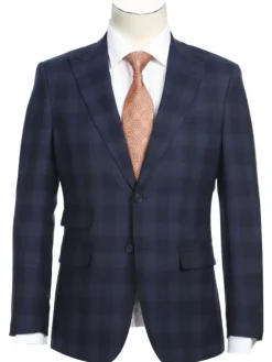 English Laundry Navy Tonal Plaid Slim Fit Peak Lapel Stretch Wool Blend Suit