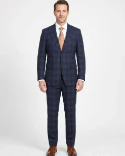 English Laundry Navy Tonal Plaid Slim Fit Peak Lapel Stretch Wool Blend Suit