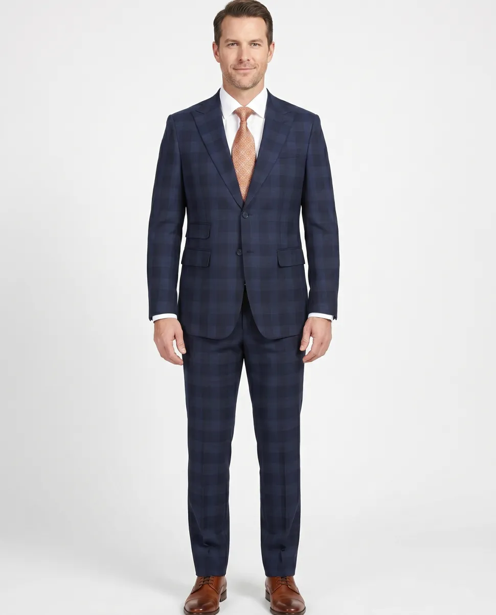 English Laundry Navy Tonal Plaid Slim Fit Peak Lapel Stretch Wool Blend Suit