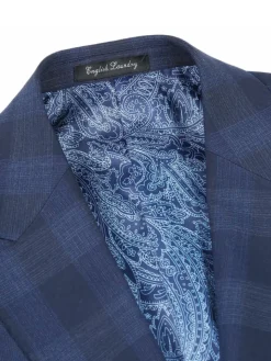 English Laundry Navy Tonal Plaid Slim Fit Peak Lapel Stretch Wool Blend Suit