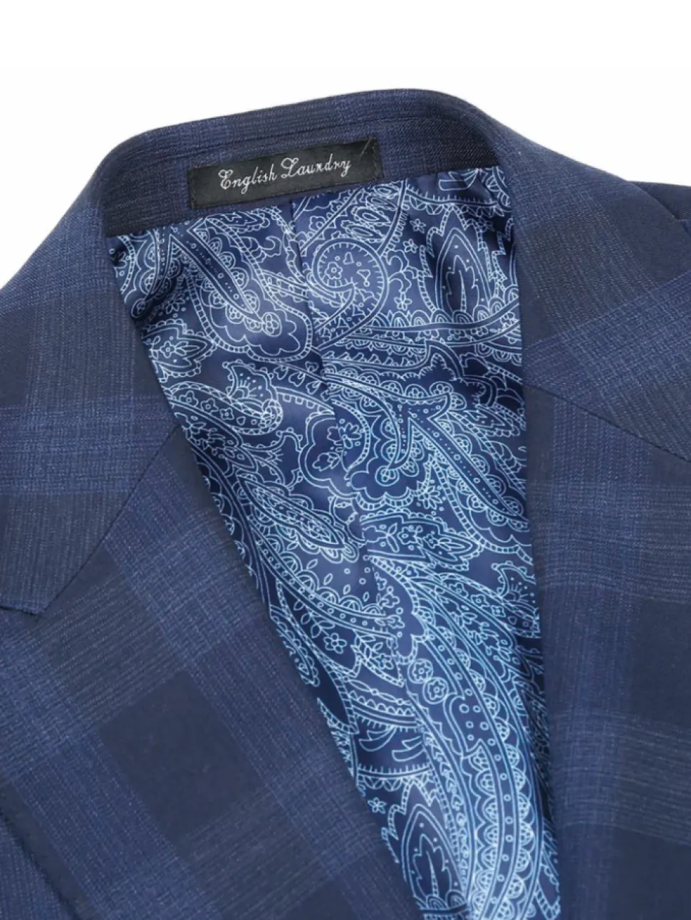 English Laundry Navy Tonal Plaid Slim Fit Peak Lapel Stretch Wool Blend Suit