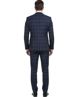 English Laundry Navy Tonal Plaid Slim Fit Peak Lapel Stretch Wool Blend Suit