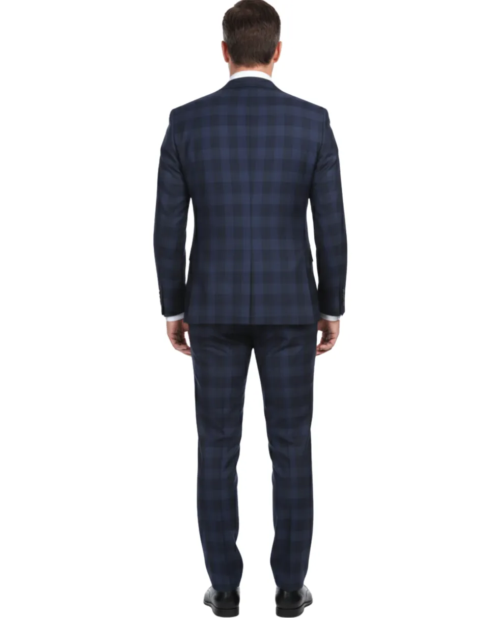English Laundry Navy Tonal Plaid Slim Fit Peak Lapel Stretch Wool Blend Suit
