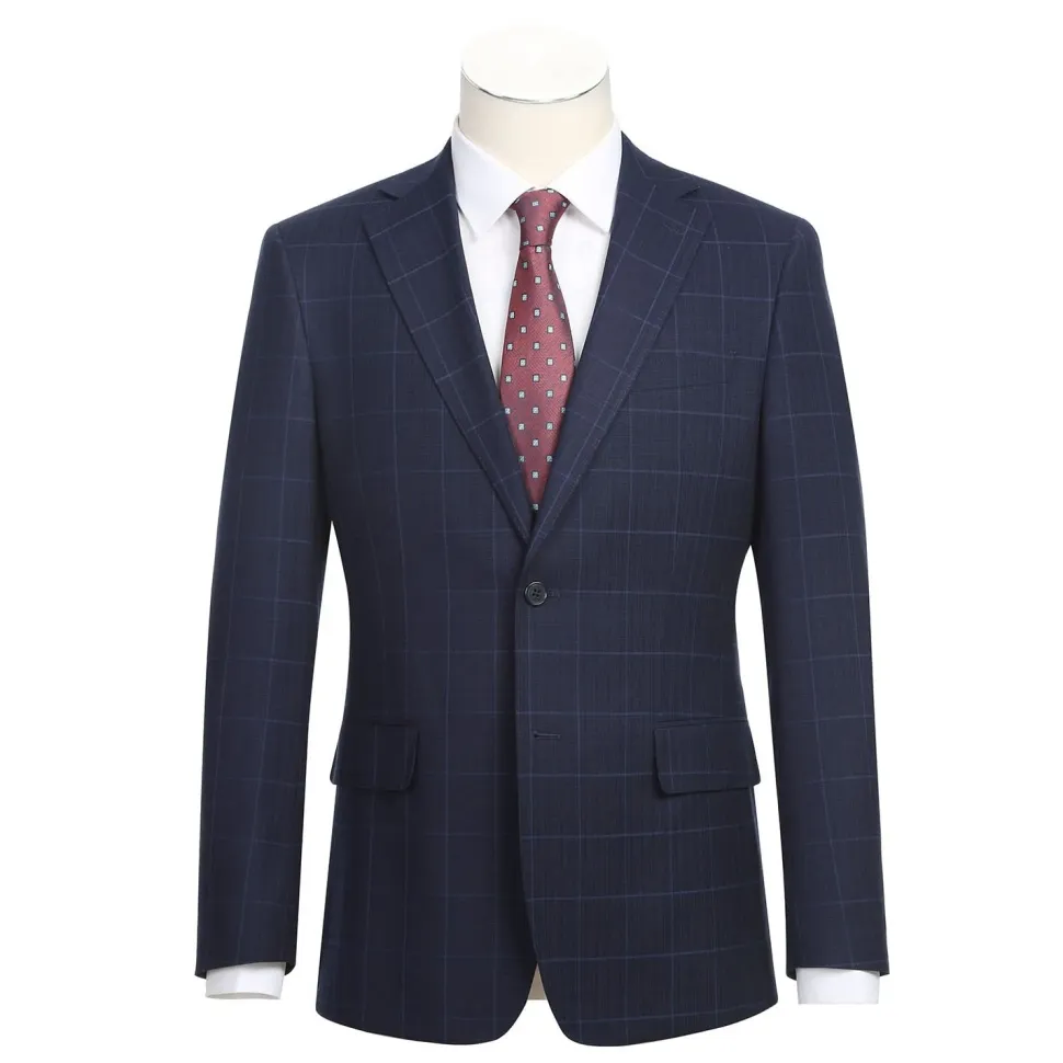 English Laundry Navy Windowpane Slim Fit Notch Lapel 2 Button Stretch Suit