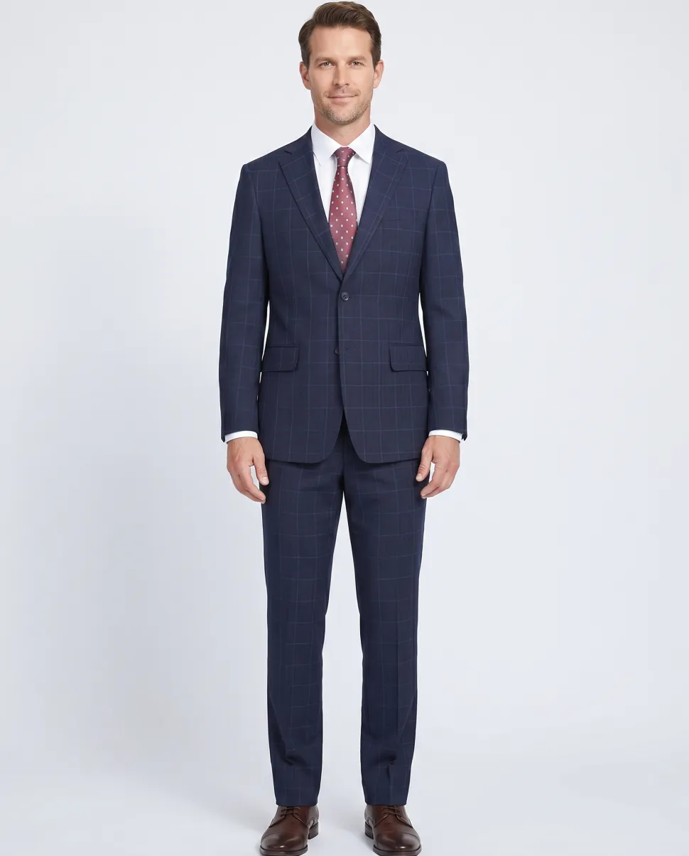English Laundry Navy Windowpane Slim Fit Notch Lapel 2 Button Stretch Suit