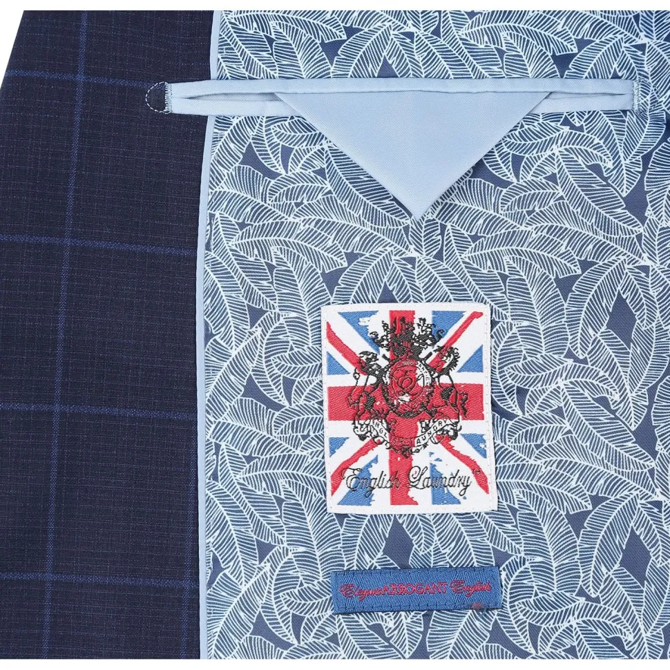 English Laundry Navy Windowpane Slim Fit Notch Lapel 2 Button Stretch Suit