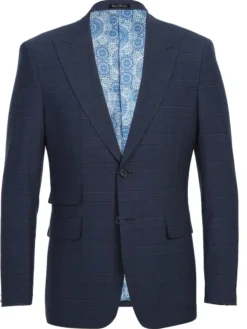 English Laundry Navy Windowpane Slim Fit Peak Lapel Wool Blend Stretch 2 Button Suit