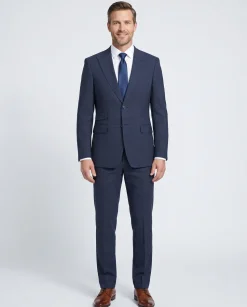 English Laundry Navy Windowpane Slim Fit Peak Lapel Wool Blend Stretch 2 Button Suit
