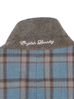 English Laundry Teal With Brown Windowpane Slim Fit Peak Lapel Wool Blend Suit