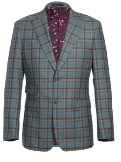 English Laundry Teal With Brown Windowpane Slim Fit Peak Lapel Wool Blend Suit