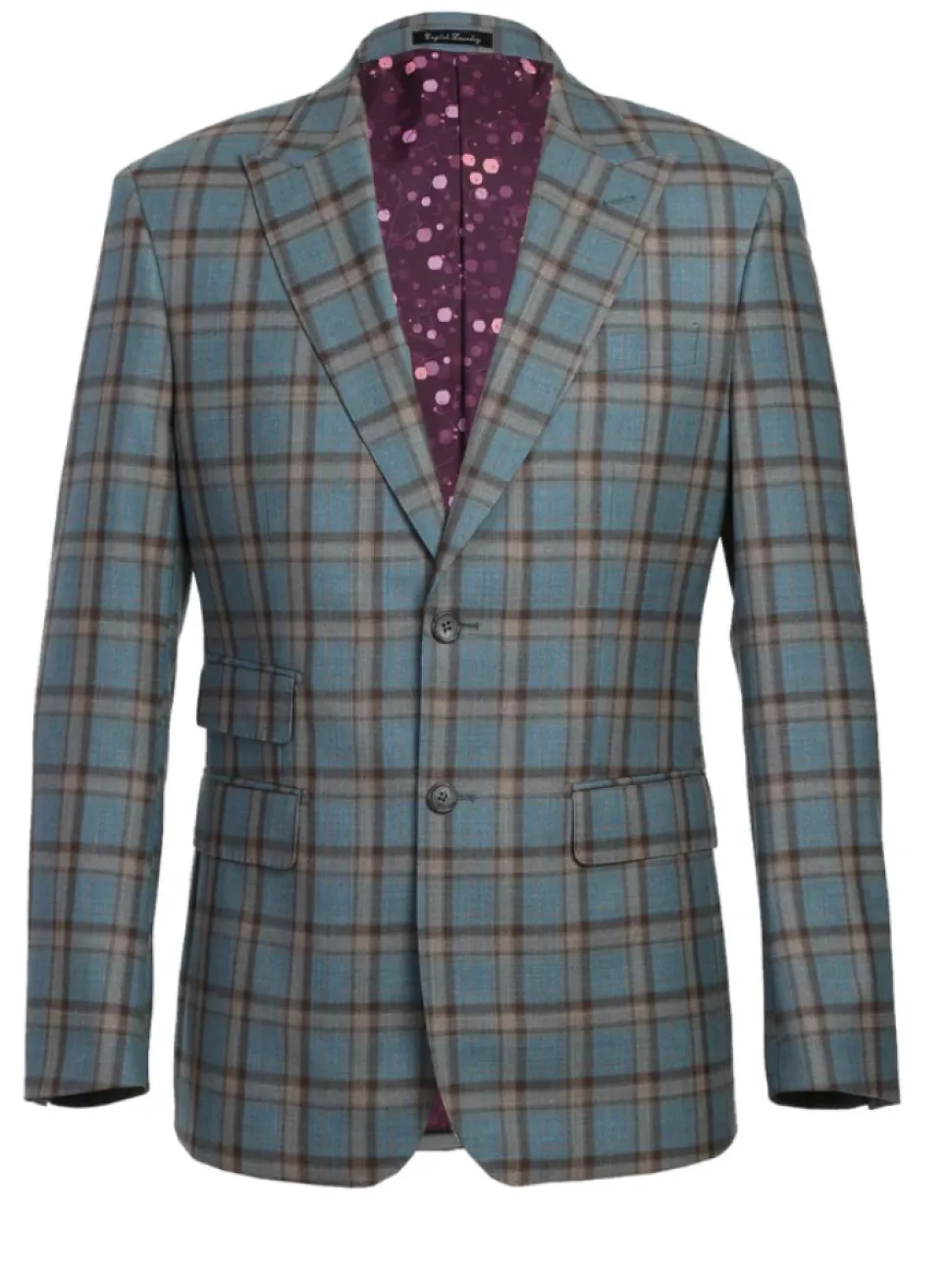 English Laundry Teal With Brown Windowpane Slim Fit Peak Lapel Wool Blend Suit