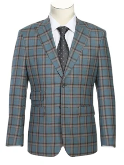 English Laundry Teal With Brown Windowpane Slim Fit Peak Lapel Wool Blend Suit