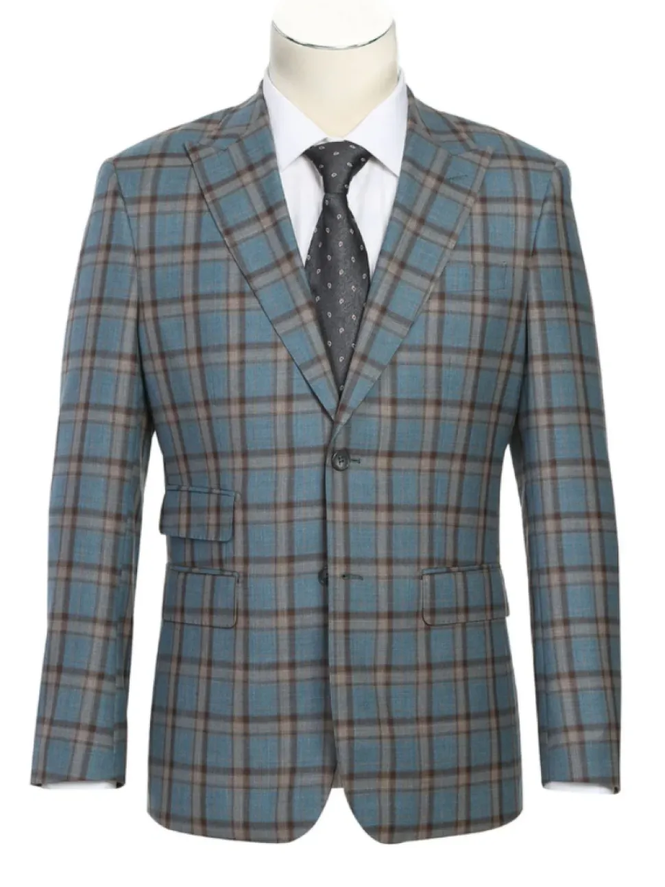 English Laundry Teal With Brown Windowpane Slim Fit Peak Lapel Wool Blend Suit