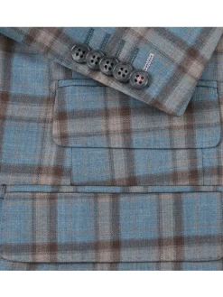 English Laundry Teal With Brown Windowpane Slim Fit Peak Lapel Wool Blend Suit
