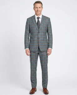 English Laundry Teal With Brown Windowpane Slim Fit Peak Lapel Wool Blend Suit