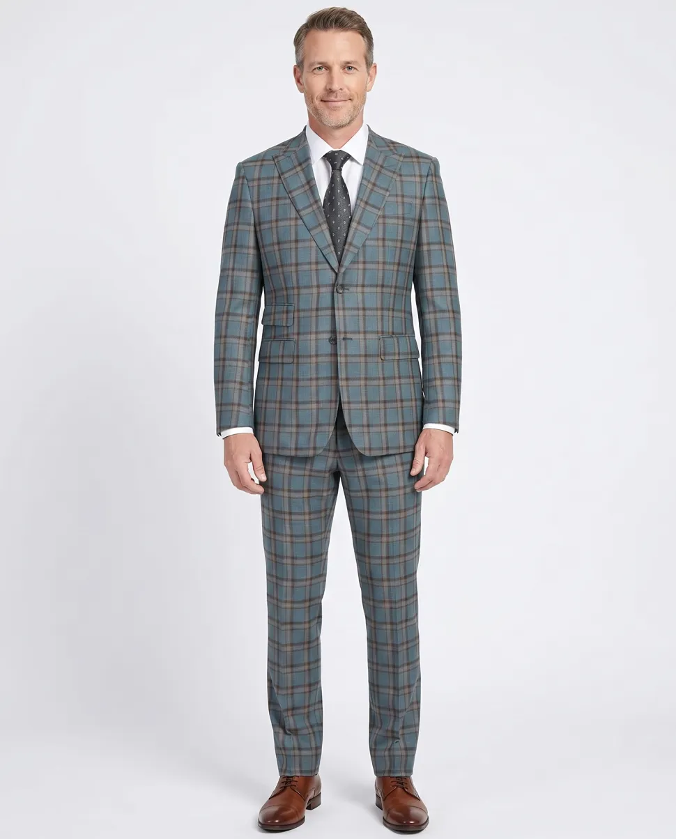 English Laundry Teal With Brown Windowpane Slim Fit Peak Lapel Wool Blend Suit