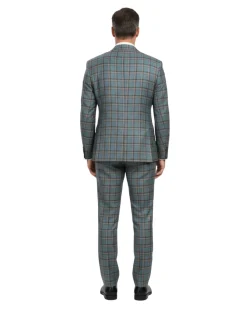 English Laundry Teal With Brown Windowpane Slim Fit Peak Lapel Wool Blend Suit