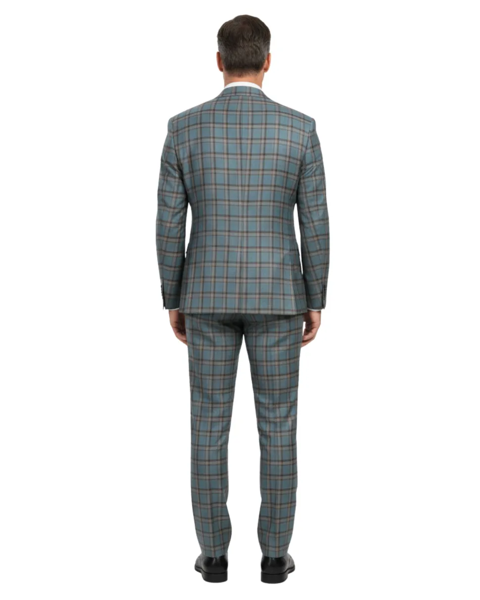English Laundry Teal With Brown Windowpane Slim Fit Peak Lapel Wool Blend Suit
