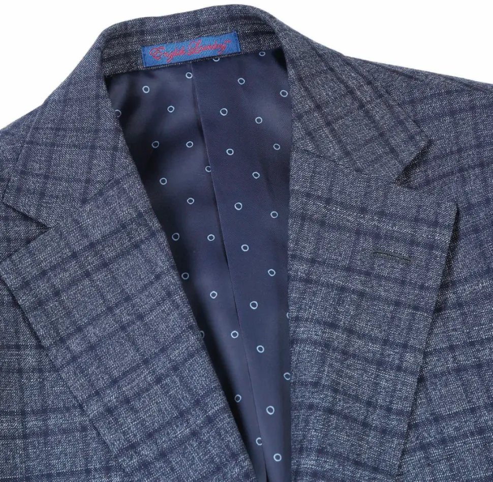 English Laundry Windowpane Blue Denim Style Slim Fit Notch Lapel Stretch 3-Piece Suit
