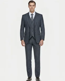 English Laundry Windowpane Blue Denim Style Slim Fit Notch Lapel Stretch 3-Piece Suit