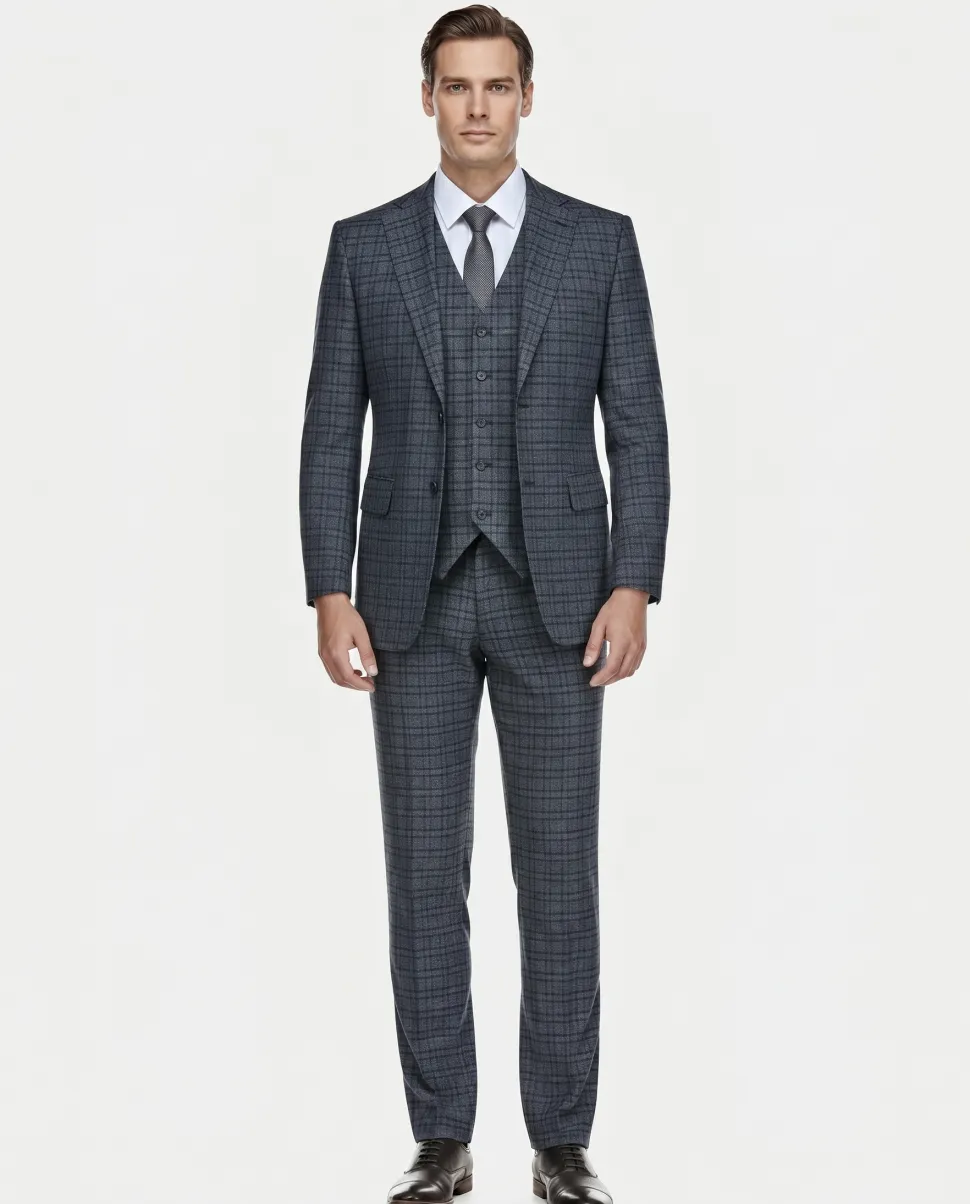 English Laundry Windowpane Blue Denim Style Slim Fit Notch Lapel Stretch 3-Piece Suit
