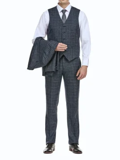 English Laundry Windowpane Blue Denim Style Slim Fit Notch Lapel Stretch 3-Piece Suit