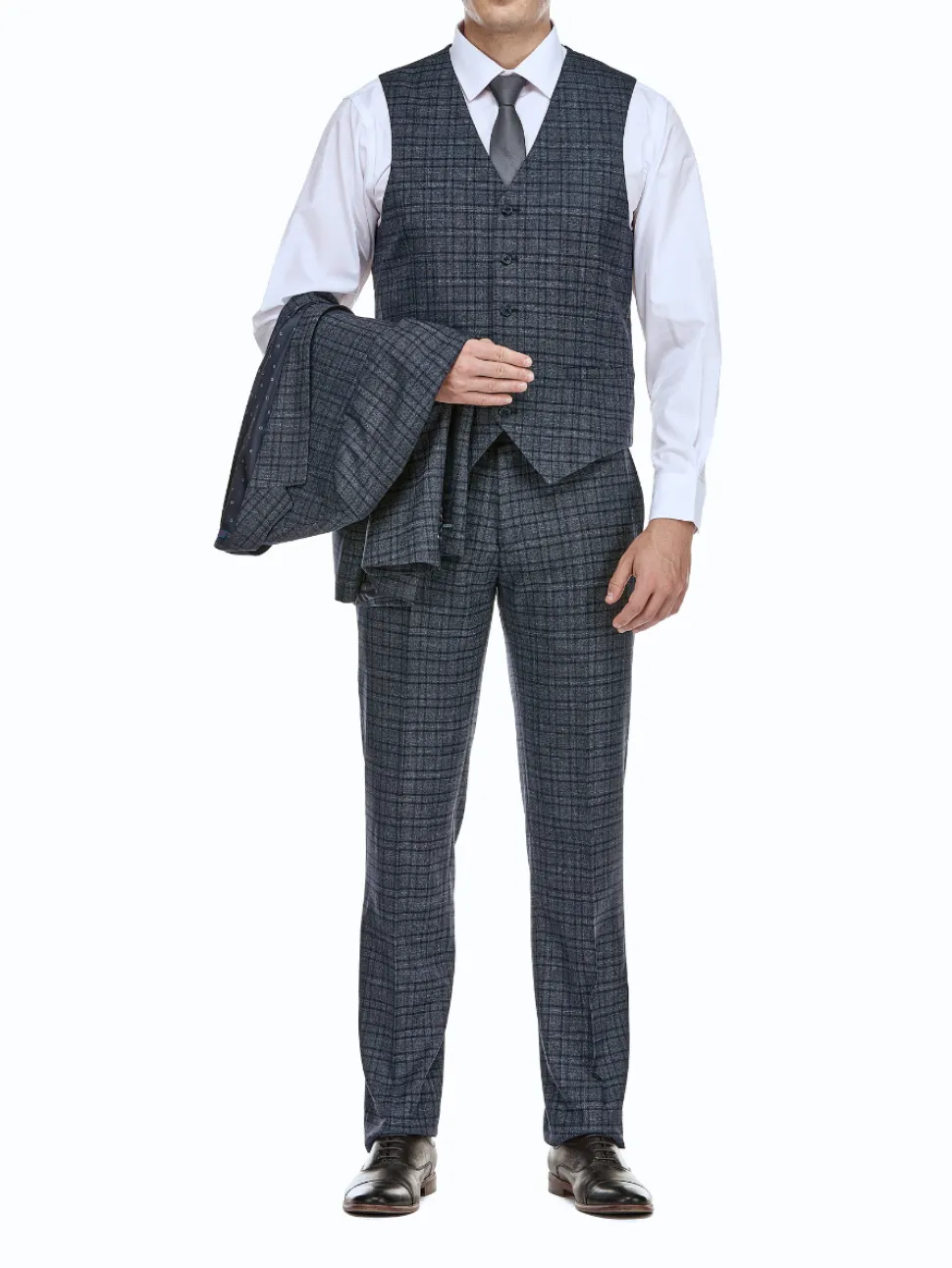 English Laundry Windowpane Blue Denim Style Slim Fit Notch Lapel Stretch 3-Piece Suit