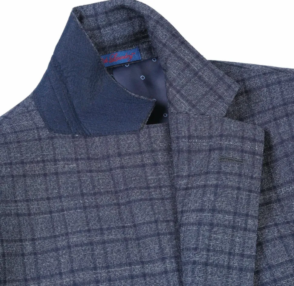 English Laundry Windowpane Blue Denim Style Slim Fit Notch Lapel Stretch 3-Piece Suit