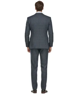 English Laundry Windowpane Blue Denim Style Slim Fit Notch Lapel Stretch 3-Piece Suit