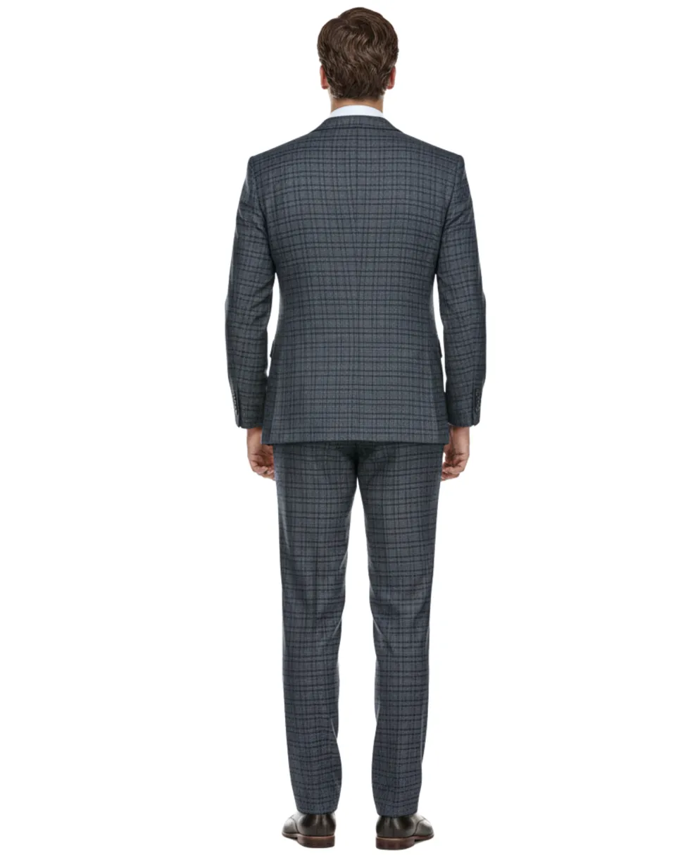 English Laundry Windowpane Blue Denim Style Slim Fit Notch Lapel Stretch 3-Piece Suit