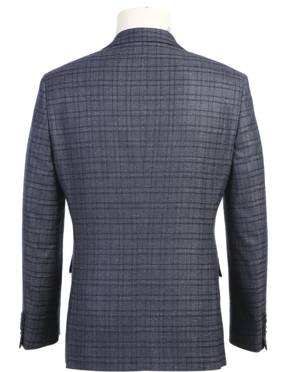 English Laundry Windowpane Blue Denim Style Slim Fit Notch Lapel Stretch 3-Piece Suit