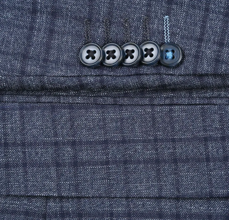 English Laundry Windowpane Blue Denim Style Slim Fit Notch Lapel Stretch 3-Piece Suit