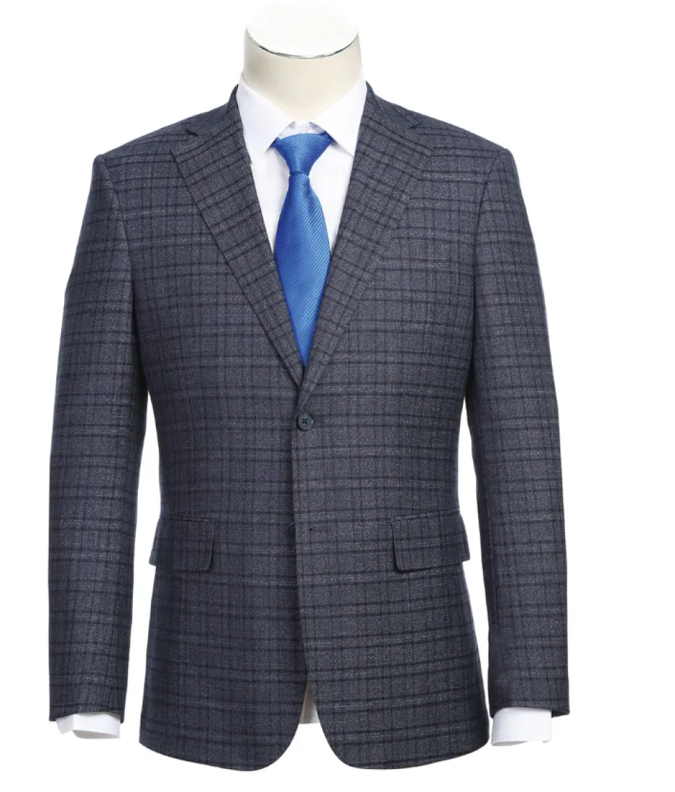 English Laundry Windowpane Blue Denim Style Slim Fit Notch Lapel Stretch 3-Piece Suit