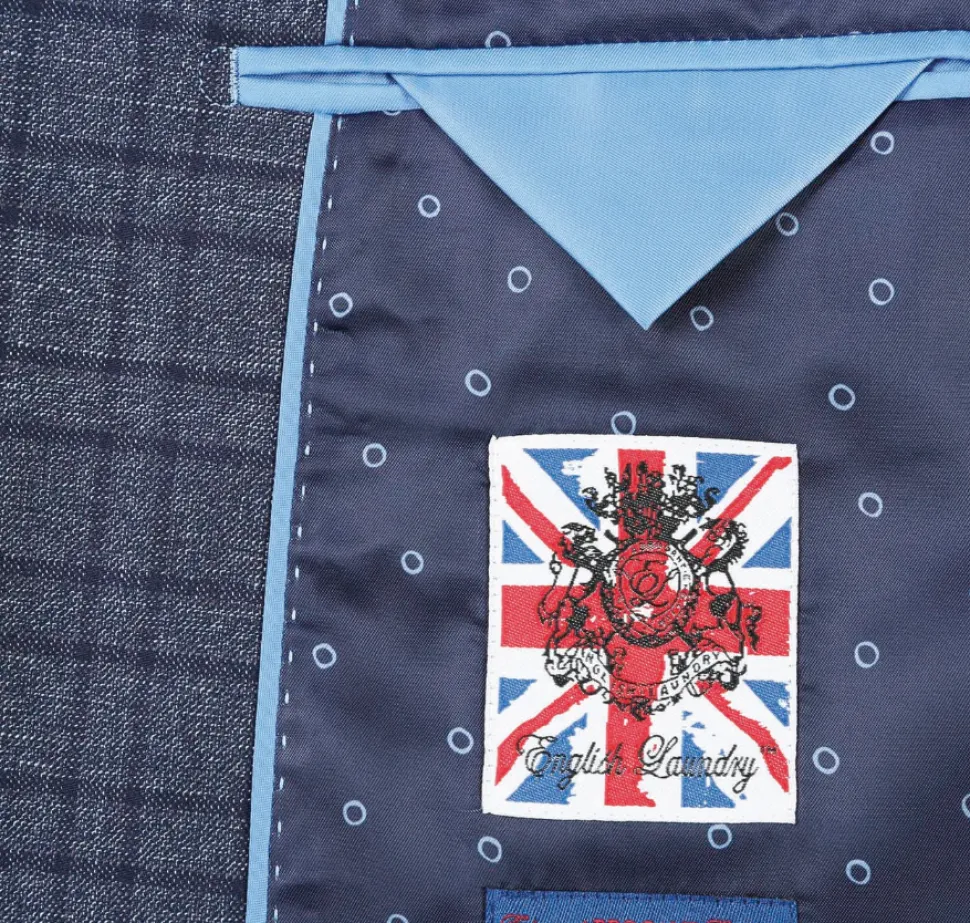 English Laundry Windowpane Blue Denim Style Slim Fit Notch Lapel Stretch 3-Piece Suit