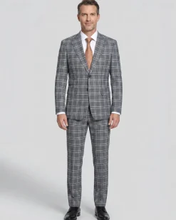 English Laundry Windowpane Check Gray Slim Fit Peak Lapel Stretch 2 Button Suit