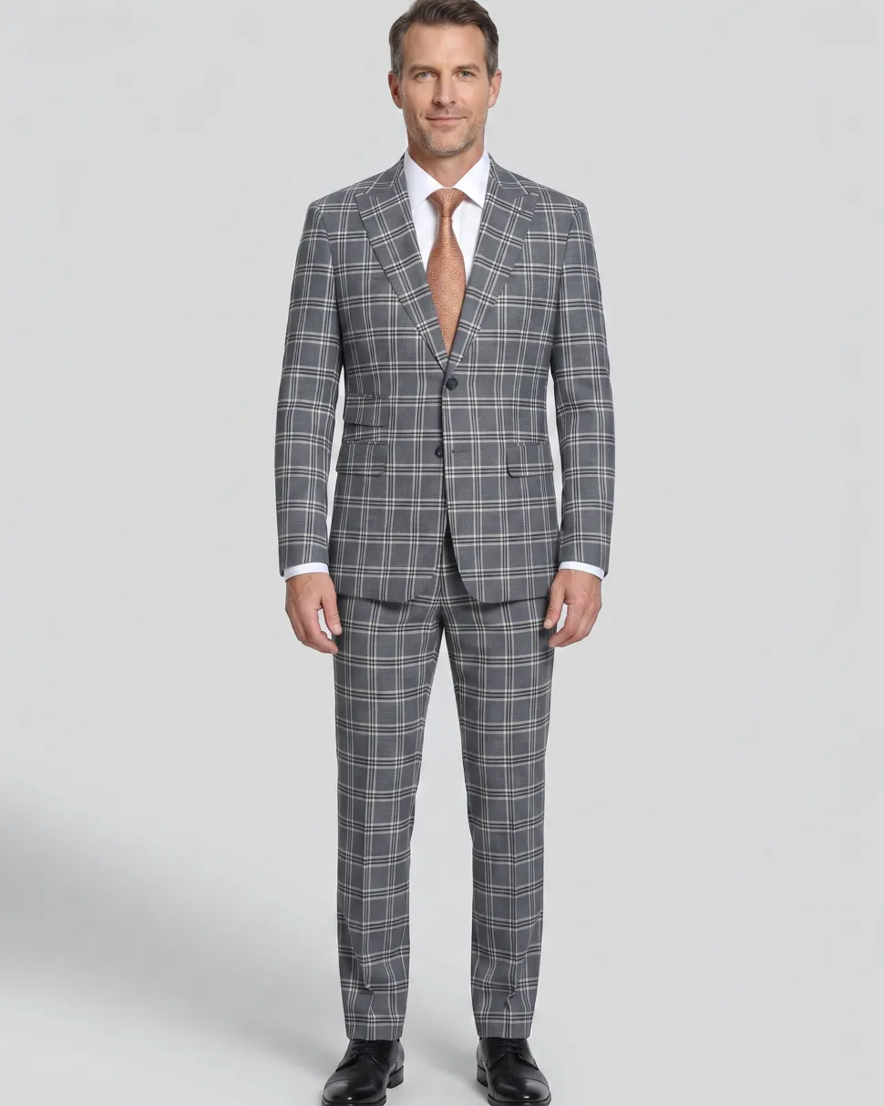 English Laundry Windowpane Check Gray Slim Fit Peak Lapel Stretch 2 Button Suit