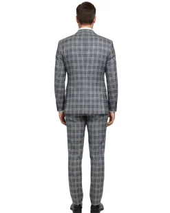 English Laundry Windowpane Check Gray Slim Fit Peak Lapel Stretch 2 Button Suit