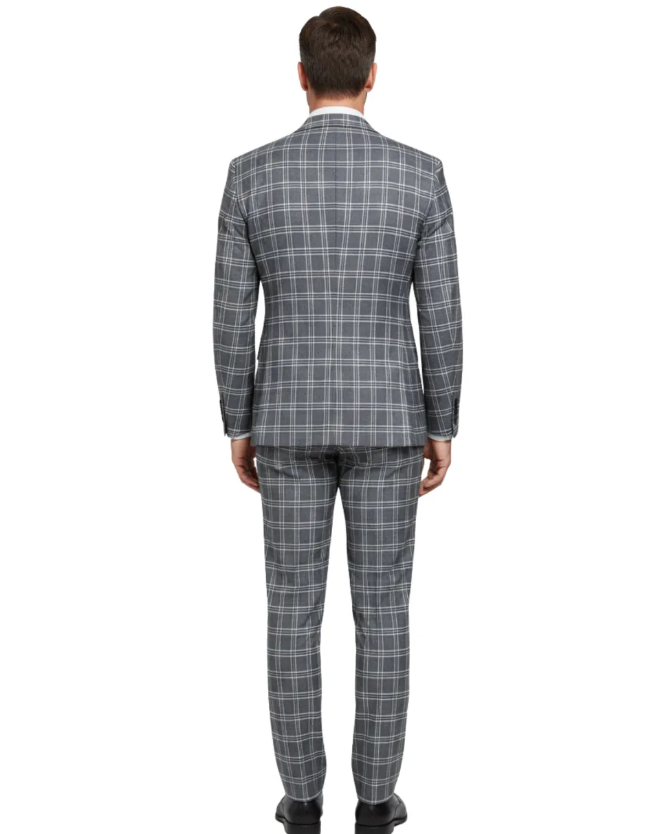English Laundry Windowpane Check Gray Slim Fit Peak Lapel Stretch 2 Button Suit