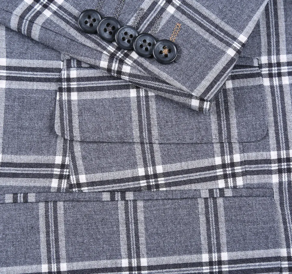 English Laundry Windowpane Check Gray Slim Fit Peak Lapel Stretch 2 Button Suit