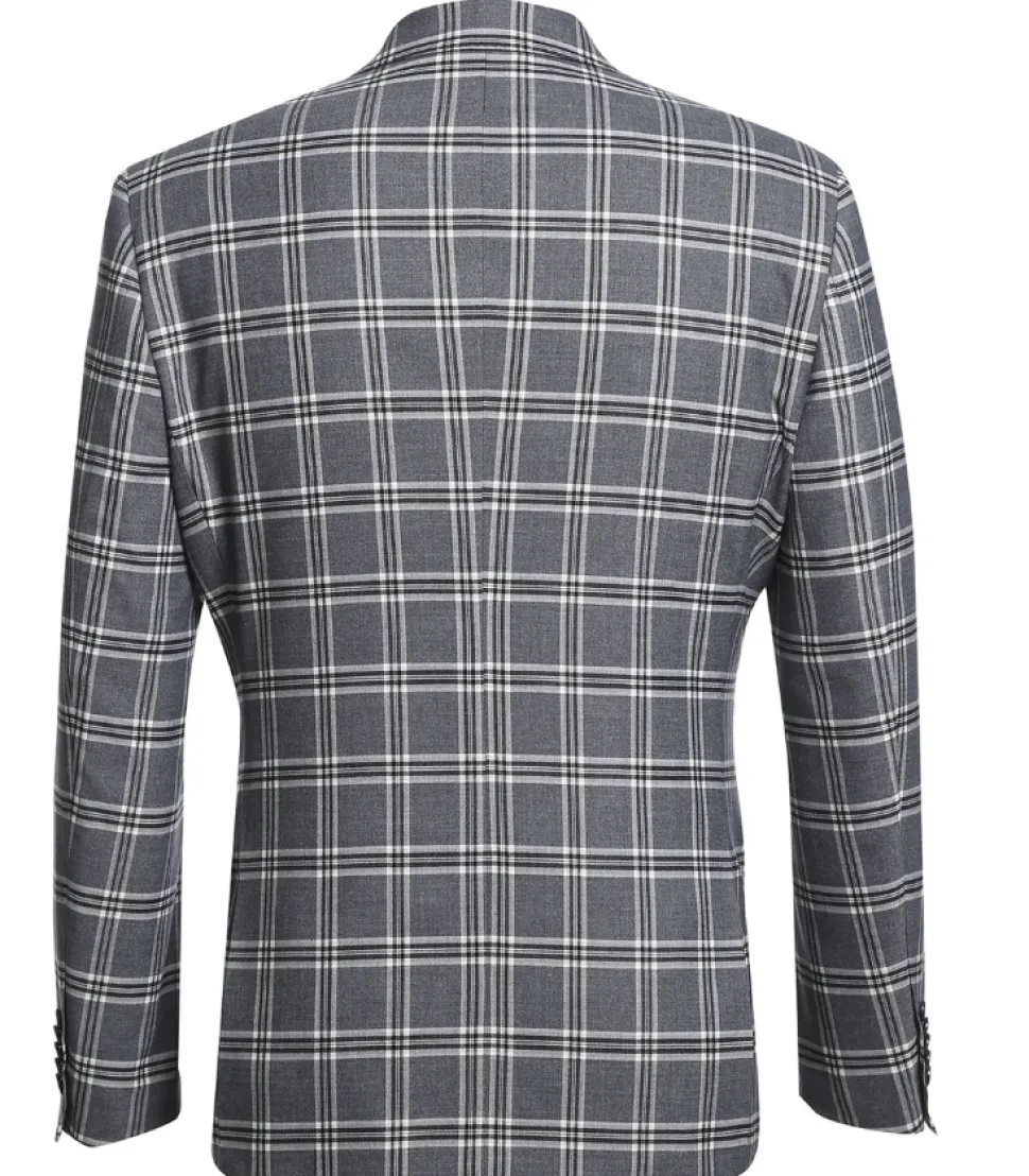 English Laundry Windowpane Check Gray Slim Fit Peak Lapel Stretch 2 Button Suit