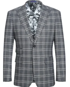 English Laundry Windowpane Check Gray Slim Fit Peak Lapel Stretch 2 Button Suit