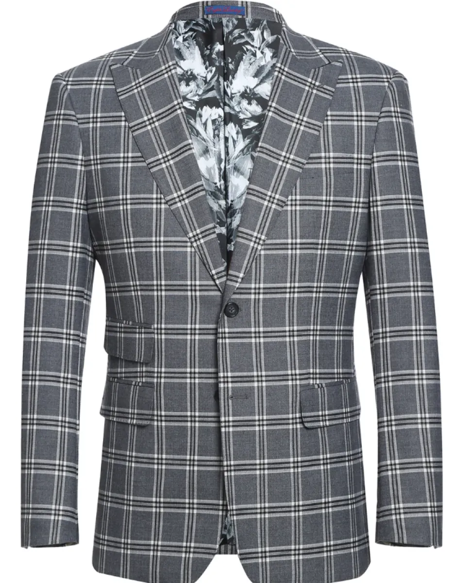 English Laundry Windowpane Check Gray Slim Fit Peak Lapel Stretch 2 Button Suit