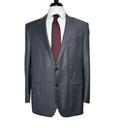 Ermenegildo Zegna Mens Gray Windowpane Fully-Canvassed Notch Lapel Classic Fit 2-Button Wool Suit - 44R