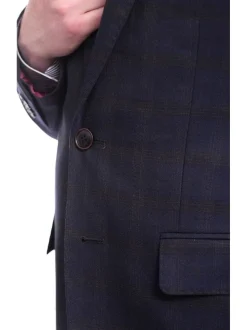 Extra Slim Fit Navy Blue With Brown Plaid Wool Blazer Sportcoat